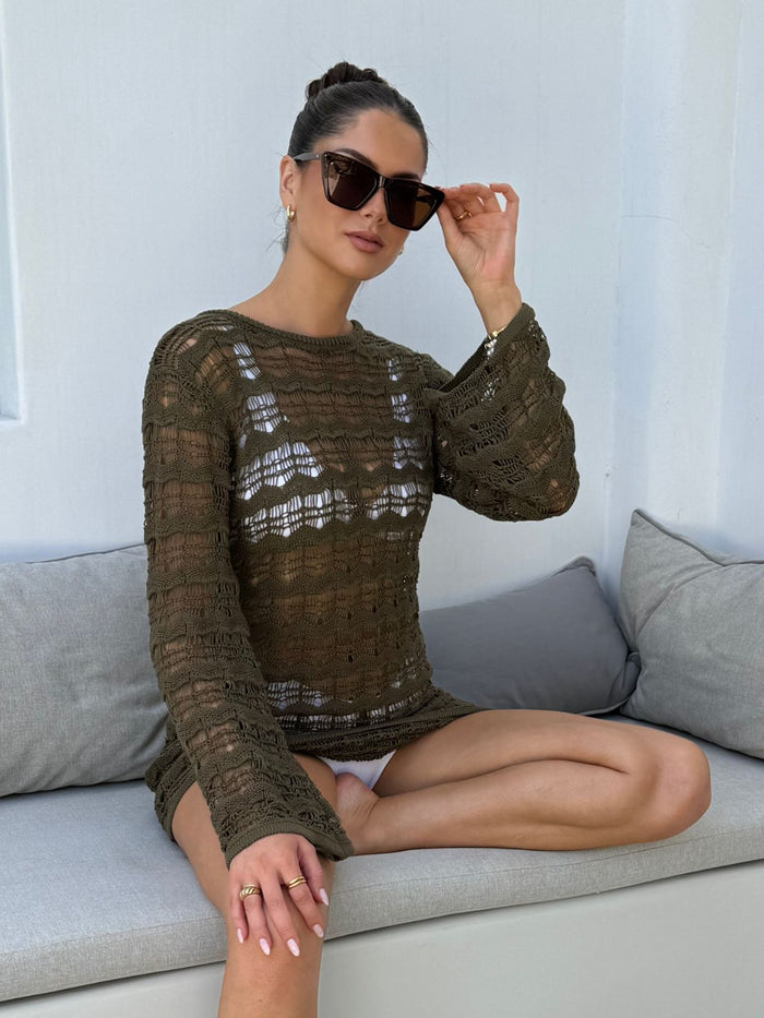 NEW FIT Ocean Long Sleeve Lace Back Mini dress / Khaki - Style Cheat