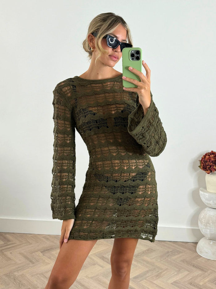 NEW FIT Ocean Long Sleeve Lace Back Mini dress / Khaki - Style Cheat