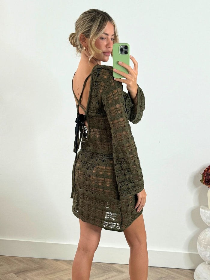 NEW FIT Ocean Long Sleeve Lace Back Mini dress / Khaki - Style Cheat