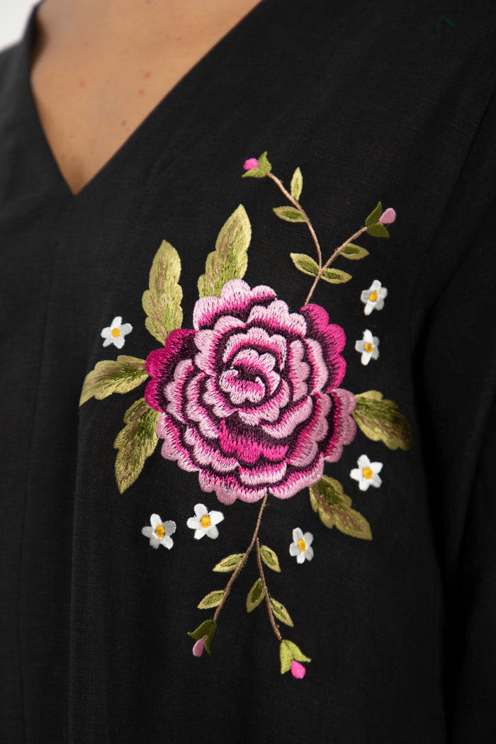 Nina Linen Black Embroidered Dress