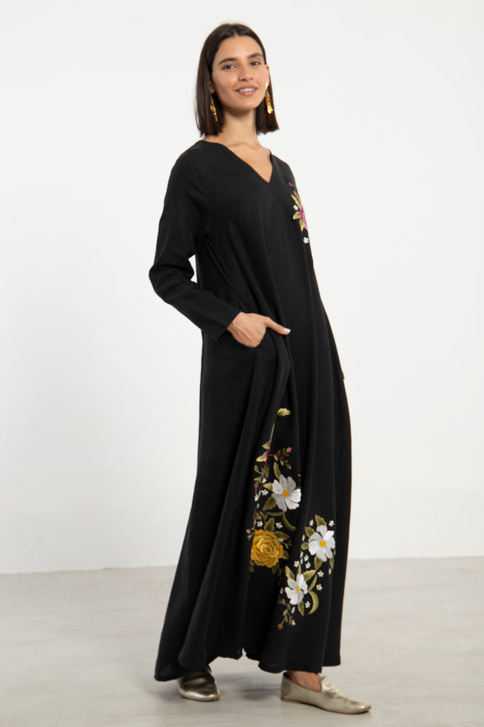 Nina Linen Black Embroidered Dress