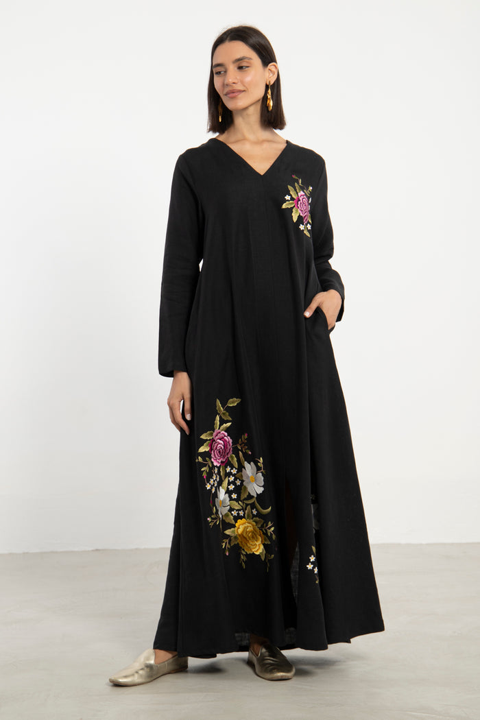 Nina Linen Black Embroidered Dress