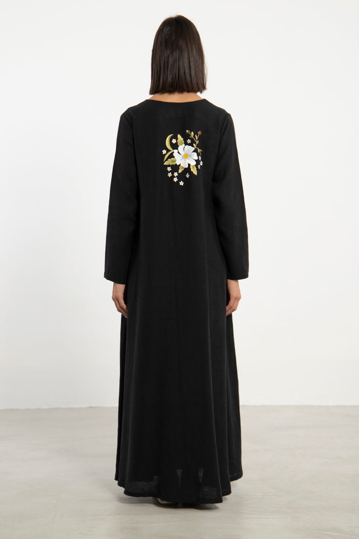 Nina Linen Black Embroidered Dress