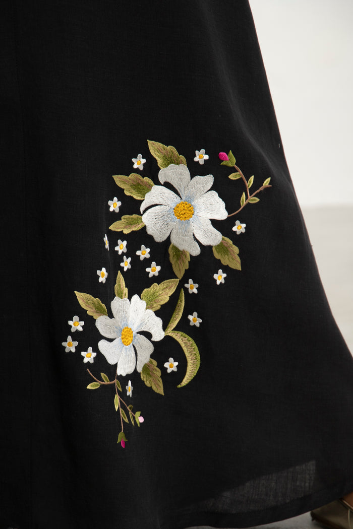 Nina Linen Black Embroidered Dress