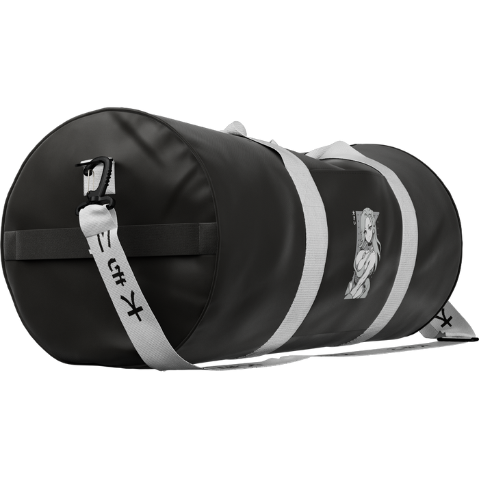 front of oki gym bag showing strap with kanji, angled to show side