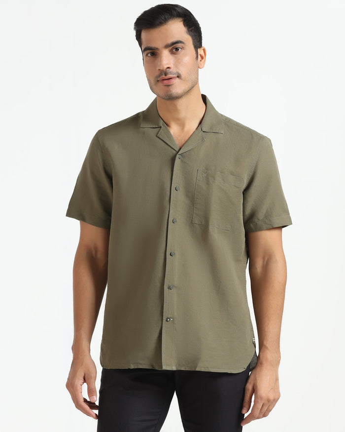 Olive Linen Half Sleeve Solid Shirt - Maison