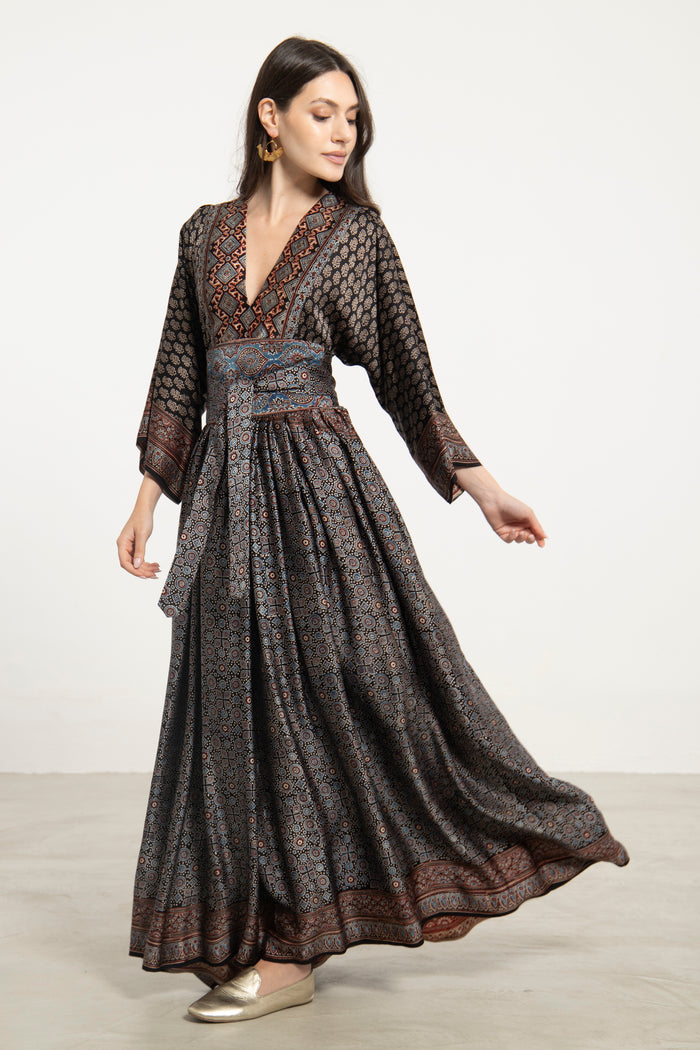 One-Of-a-Kind Sharifa Silk Black & Blue Dress