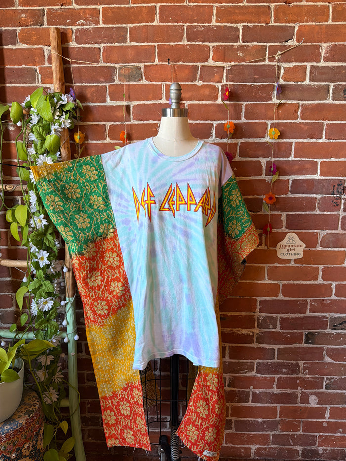 OOAK Spring Collection- Upcycled Def Leppard Inspired Hi Lo Kantha Poncho Tee- Final Sale