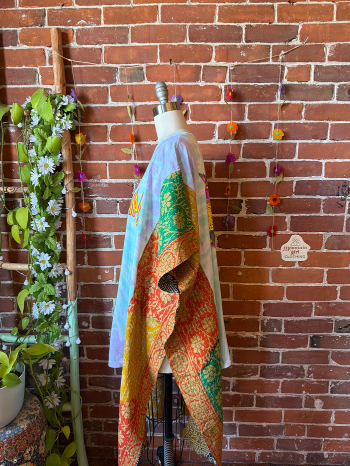 OOAK Spring Collection- Upcycled Def Leppard Inspired Hi Lo Kantha Poncho Tee- Final Sale