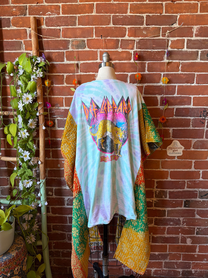 OOAK Spring Collection- Upcycled Def Leppard Inspired Hi Lo Kantha Poncho Tee- Final Sale