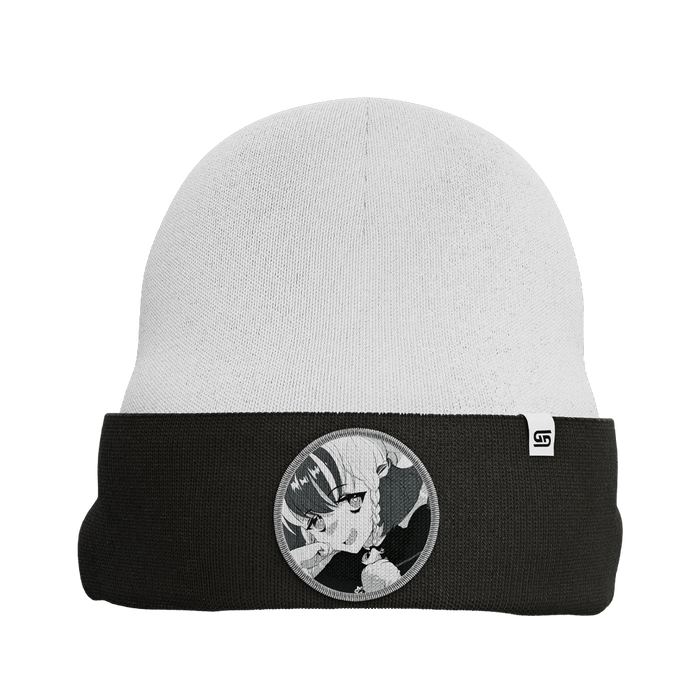 White and black beanie with a folded brim featuring a grayscale anime girl patch on the front.
