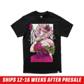 Black shirt with colorful anime-style woman with horns, fiery dress, and Japanese text on the back.