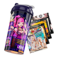 Dark purple shaker cup with pixel art neon cityscape and "SUS SNACKS" text on the side.