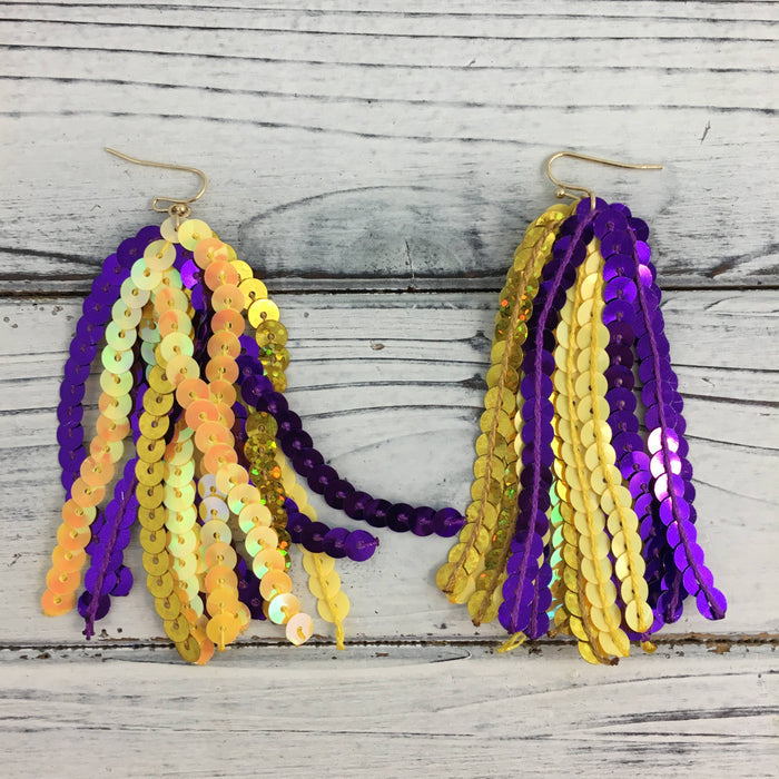 Purple & gold sequin tassel drop earrings for LSU game day — All Put Together