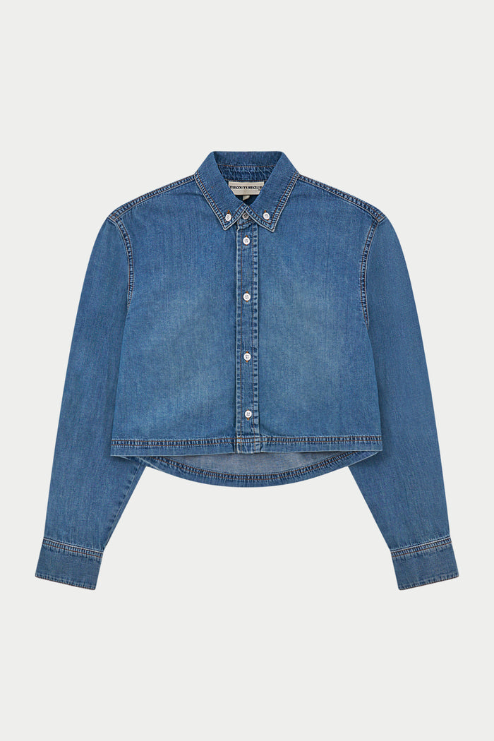 RELAXED LONG SLEEVE DENIM SHIRT - MID BLUE WASH