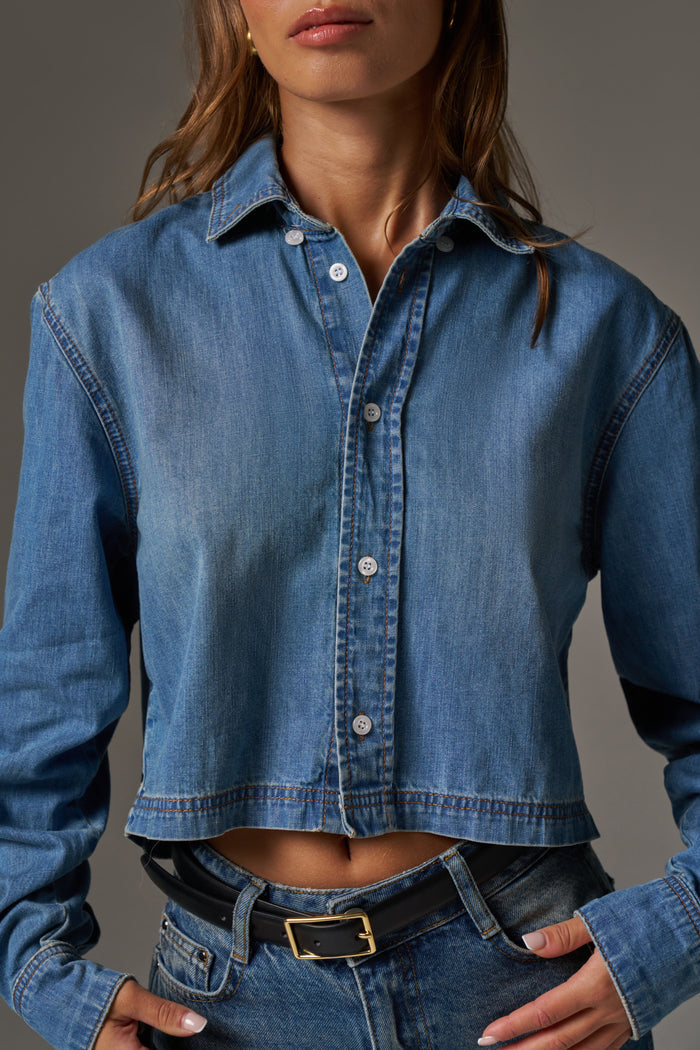 RELAXED LONG SLEEVE DENIM SHIRT - MID BLUE WASH