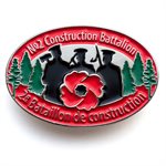 Badge with a red poppy, black silhouette of a soldiers, and text 'No. 2 Construction Battalion'.