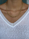 Gold chain necklace worn by a person with a white shirt
