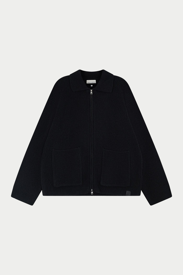 RIBBED KNITTED OVERSIZED ZIP THROUGH - BLACK