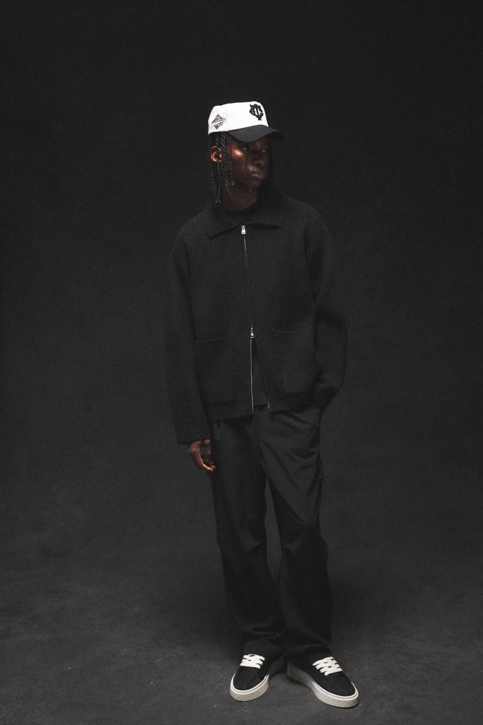 RIBBED KNITTED OVERSIZED ZIP THROUGH - BLACK