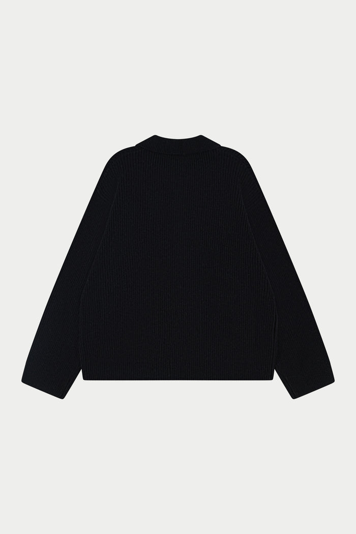 RIBBED KNITTED OVERSIZED ZIP THROUGH - BLACK
