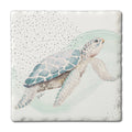 Square ceramic coaster featuring a watercolor sea turtle with soft ocean waves and dotted background.