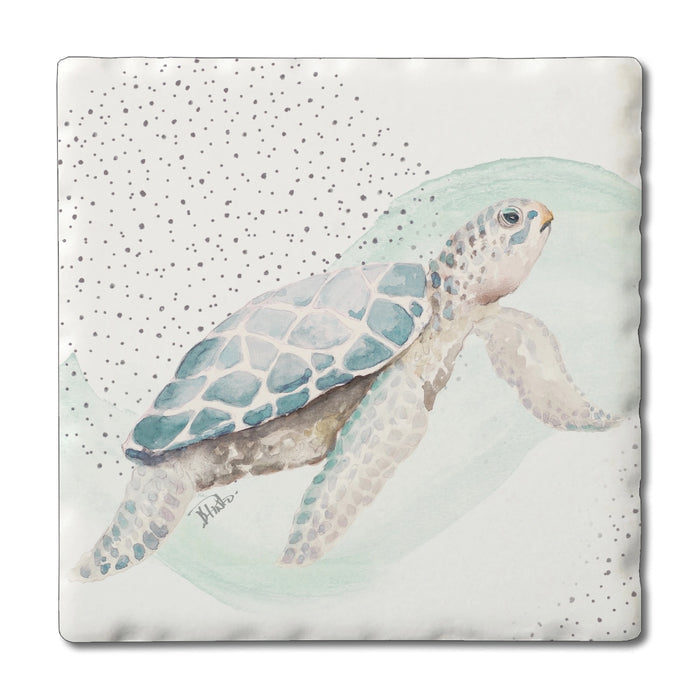 Square ceramic coaster featuring a watercolor sea turtle with soft ocean waves and dotted background.