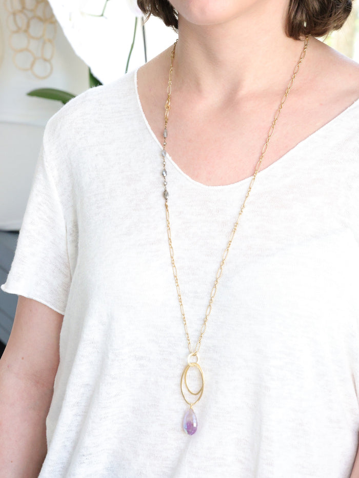 Model wearing gold and labradorite necklace with oval rings and purple amethyst pendant, styled with a white top for a minimalist look.