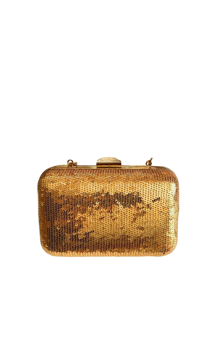 BCBG Max Azria gold sequin hardcase clutch with crystal clasp
