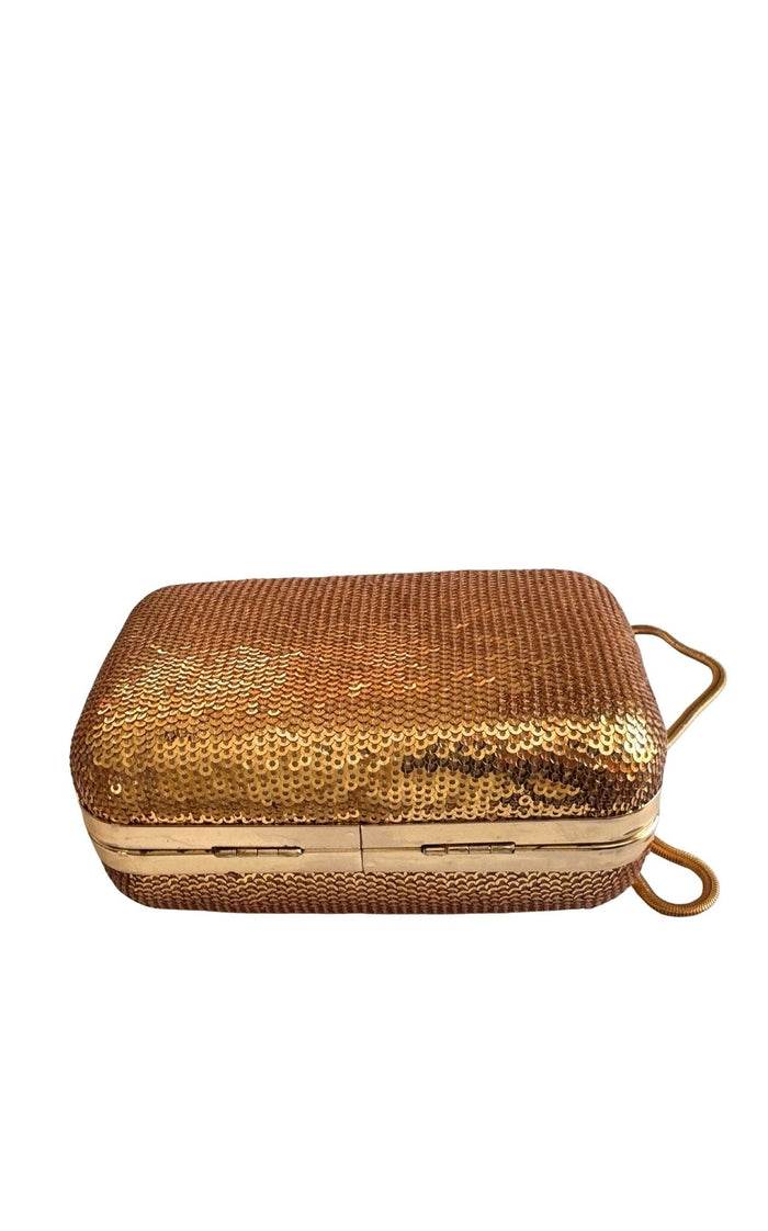 BCBG Max Azria gold sequin hardcase clutch with crystal clasp