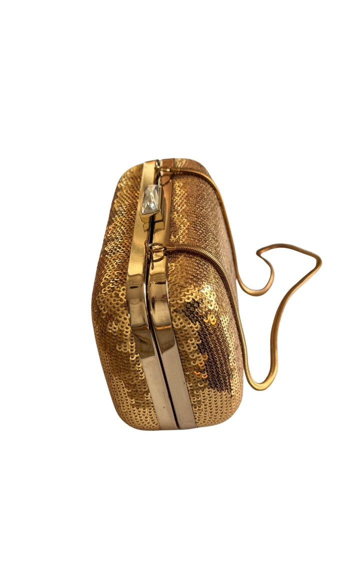 BCBG Max Azria gold sequin hardcase clutch with crystal clasp