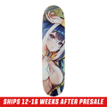 Natural wood grain skateboard deck with a classic shape and pre-drilled holes for trucks.