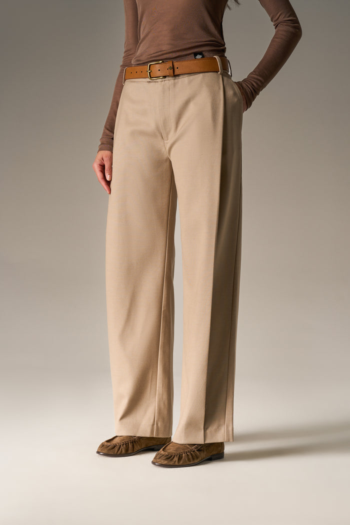 SIDE PLEAT WIDE LEG TAILORED TROUSERS - BEIGE