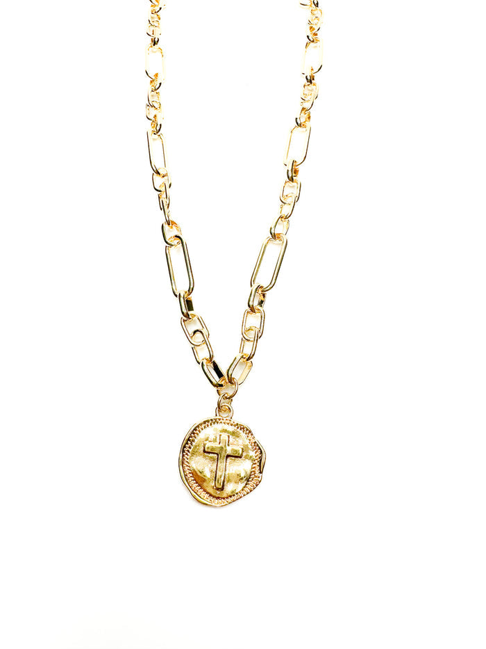 Sophia Medallion Cross Necklace with gold link chain from Ardor Boutique