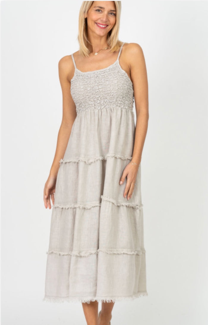 Cream sleeveless tiered midi dress with textured bodice worn by model