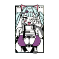 Enamel pin of a blue-haired anime girl with cat ears, purple top, and a peace sign over one eye.