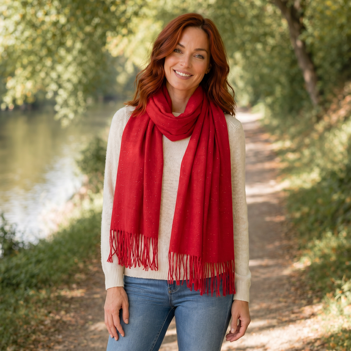 Sparkly Petra Pashmina Style Scarf (70x180cm) - Bright Red