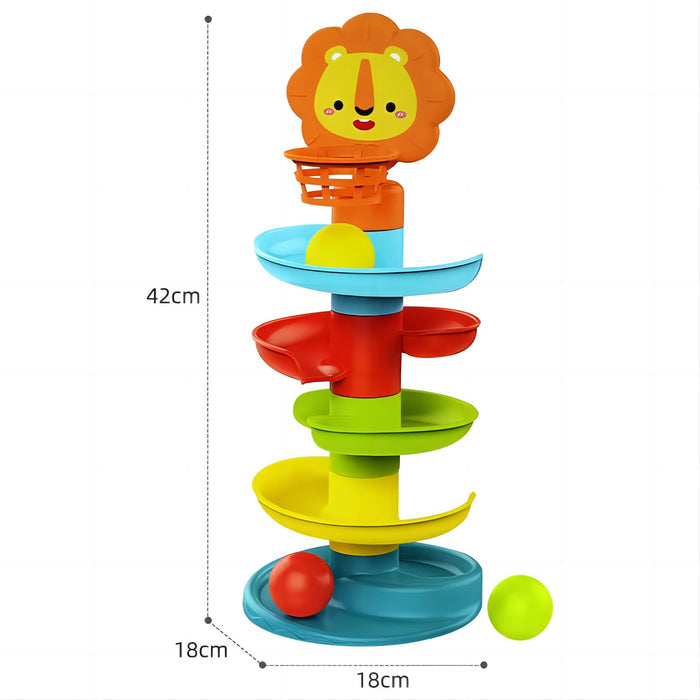 Spiral Race Marble Run STEM Toy – Lion Rebound Design, Removable Side Rails, 3 Color Balls, and Ball-Shooting Basket for Kids 18+ Months - Little Kooma
