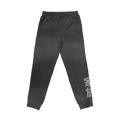 Dark gray sweatpants with a small colorful logo near the waist and stylized light blue and white text on the leg.