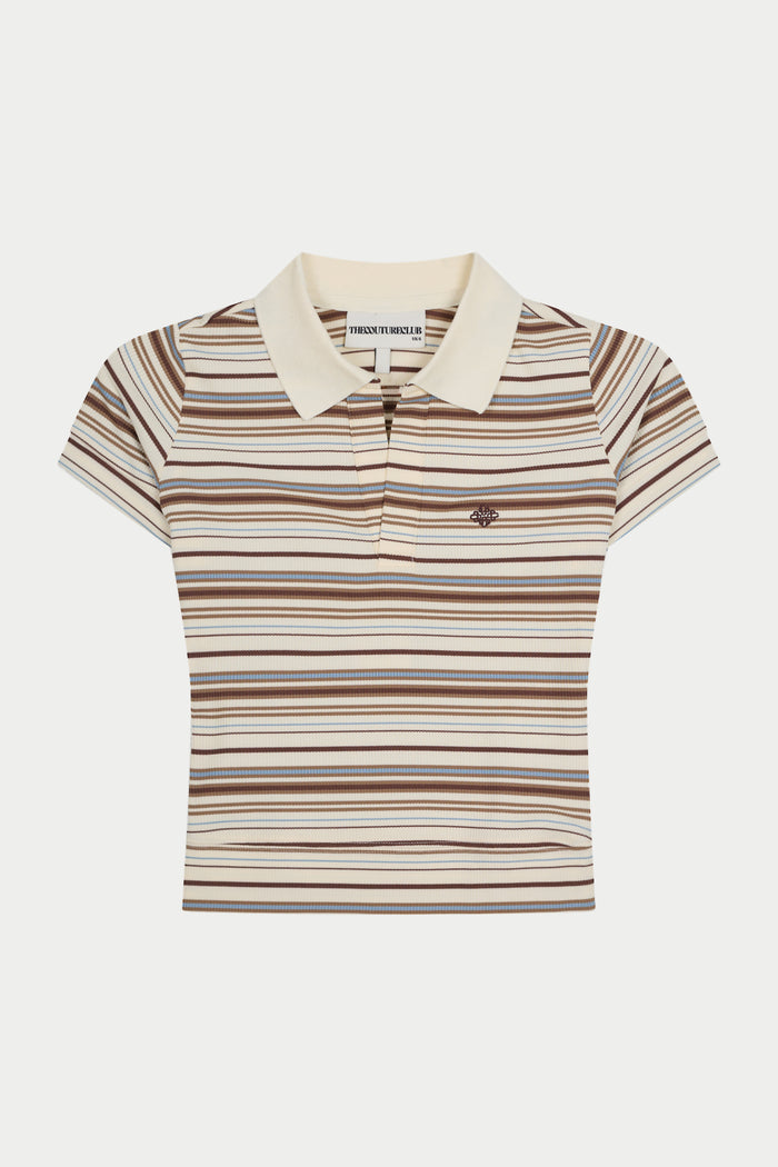 STRIPE SHORT SLEEVE POLO TOP - BEIGE