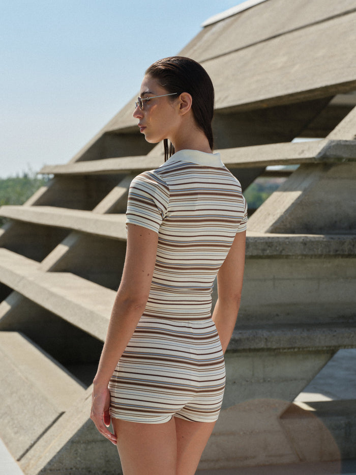 STRIPE SHORT SLEEVE POLO TOP - BEIGE