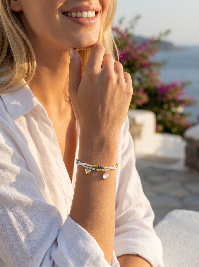 Summer Adjustable Double Seed Bead Bracelet - White
