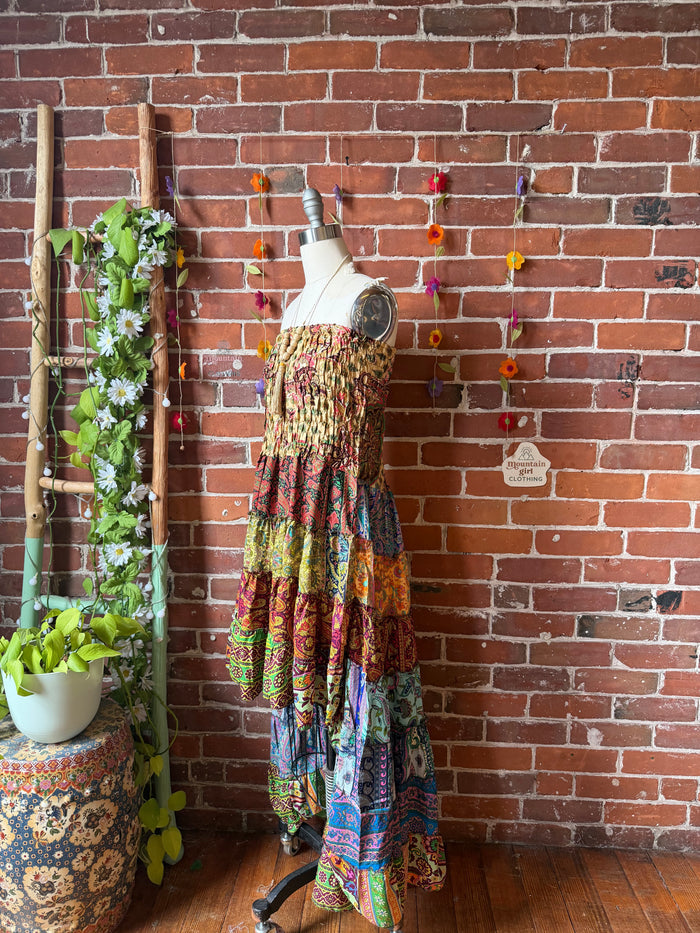 Sunlit Grove Tiered Patchwork Hi Lo Recycled Sari Dress