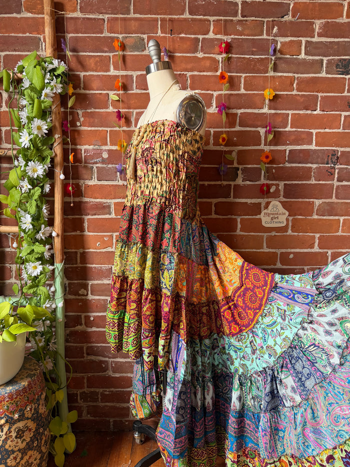 Sunlit Grove Tiered Patchwork Hi Lo Recycled Sari Dress