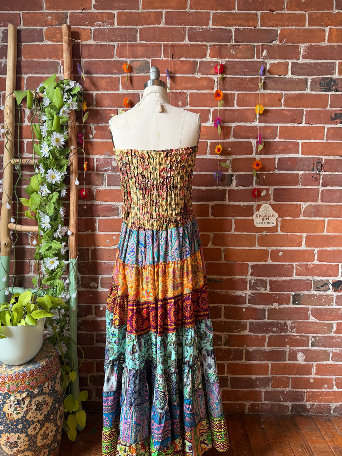 Sunlit Grove Tiered Patchwork Hi Lo Recycled Sari Dress