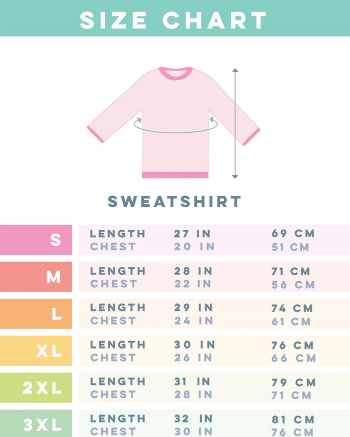 Find your perfect fit for the Sassy Woof "Hot Girls Love Hot Dogs" sweatshirt! Size chart (S-3XL) includes chest and length in inches/cm, plus a diagram showing measurement points for this comfy unisex crewneck loungewear.