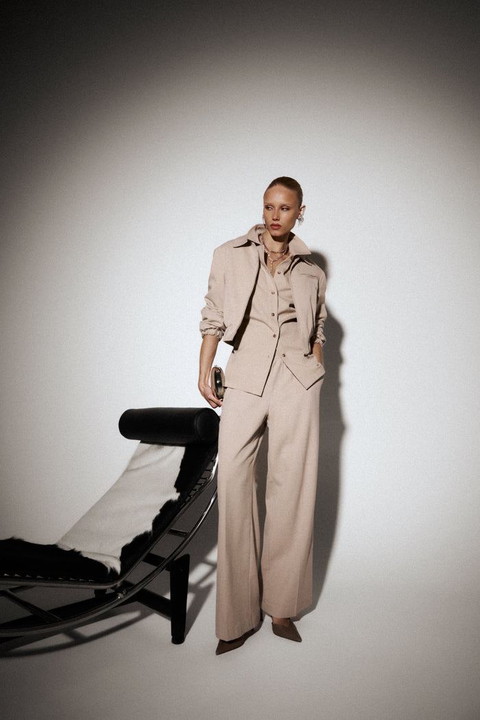 TAILORED WAISTBAND DETAIL TROUSERS - BEIGE
