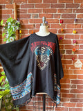 Upcycled Grateful Dead Skeleton Inspired Embroidered Black Tassel Poncho