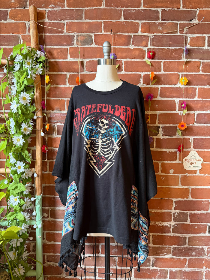 Upcycled Grateful Dead Skeleton Inspired Embroidered Black Tassel Poncho