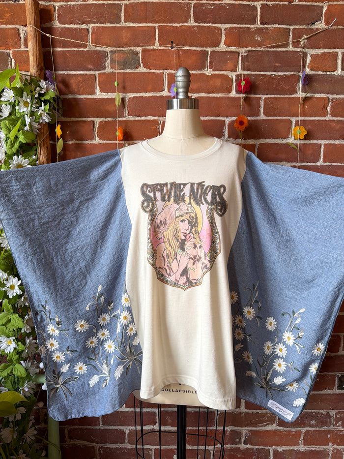 Upcycled Mystical Stevie Inspired Blue Daisy Embroidered Poncho
